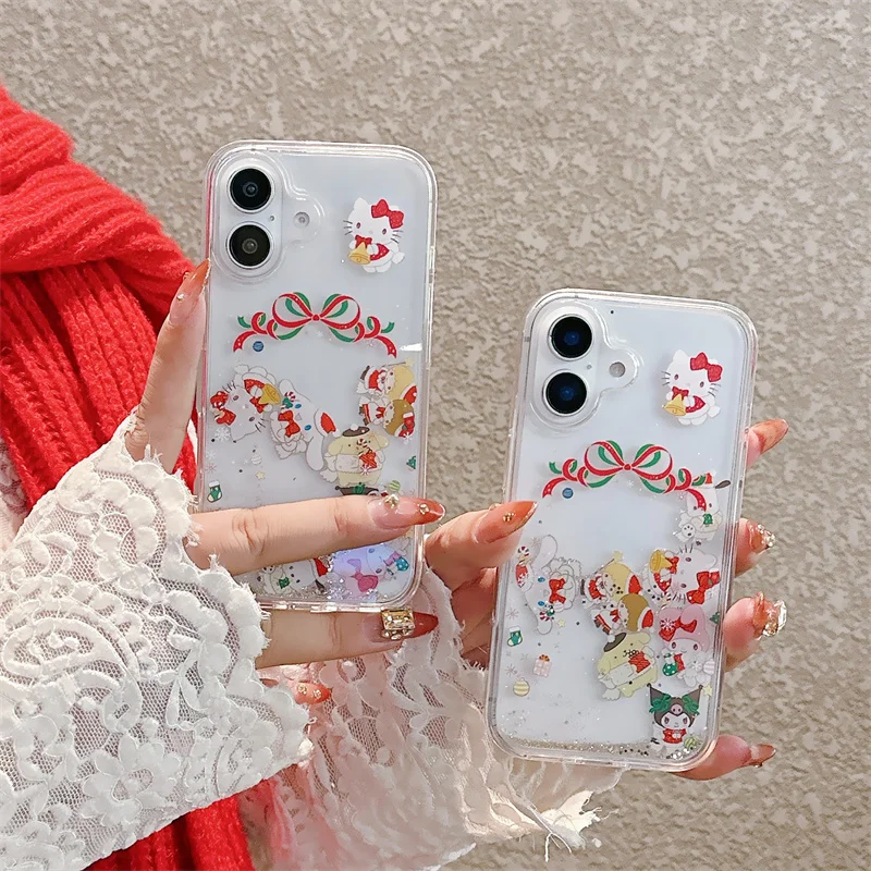 Cute 3D Cartoon Doll Melody Cinnamoroll Kuromi Hello Kitty Liquid Quicksand Glitter Case For iPhone 12 13 14 15 16 Pro Max Cover