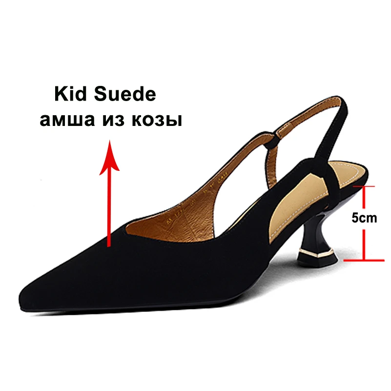 Meotina Women Genuine Leather Slingbacks Pointed Toe Mid Heel Sandals Ladies Shallow Strange Style Fashion Shoes Summer Spring