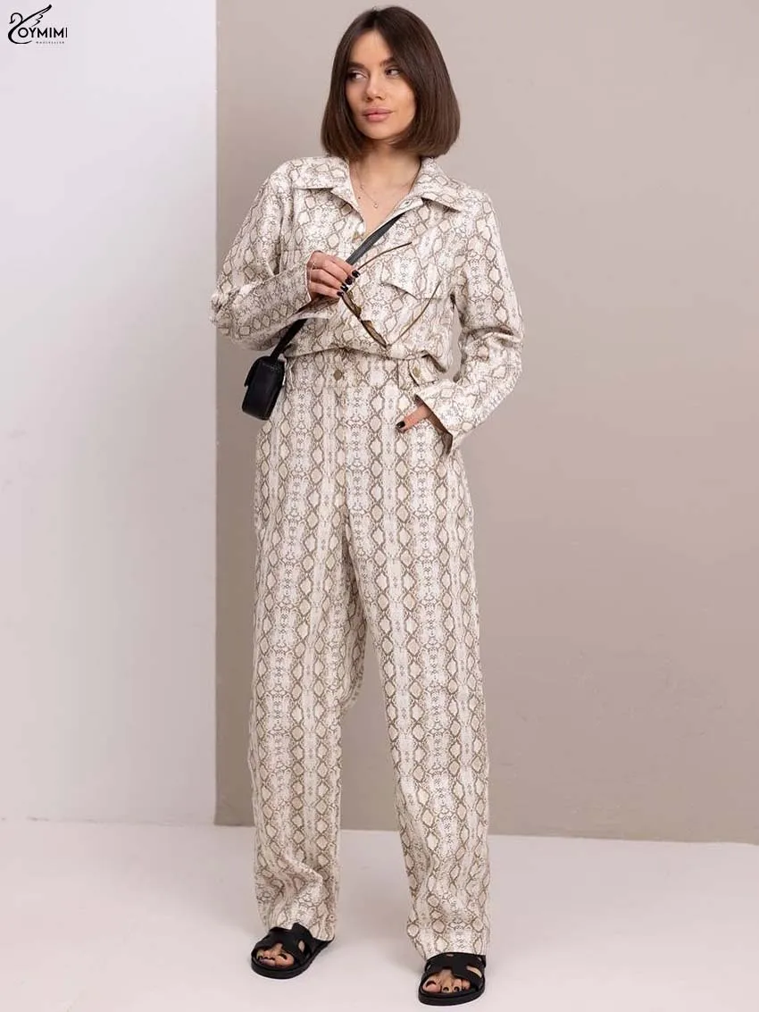 

Oymimi Casual Brown Print Woman 2 Piece Set Outfit Fashion Lapel Long Sleeve Button Pockets Shirts And Straight Trousers Sets