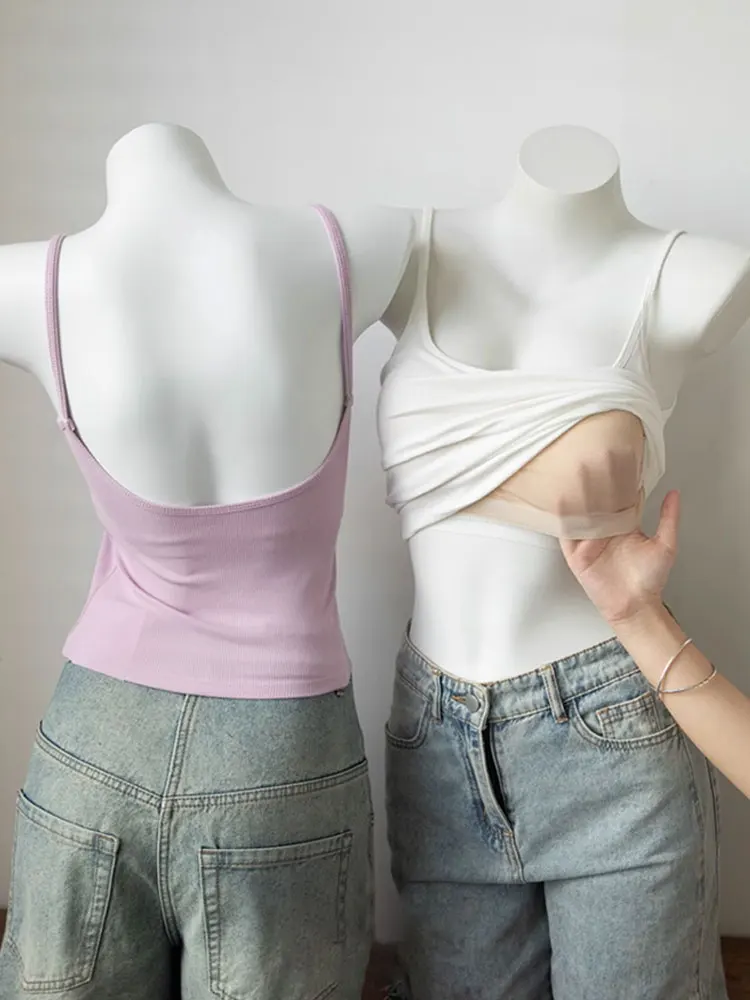 U-Shape Hollow out Back Small Strap Vest Women Summer Inner Match Beautiful Back Bra Integrated with Chest Pad Tube Top