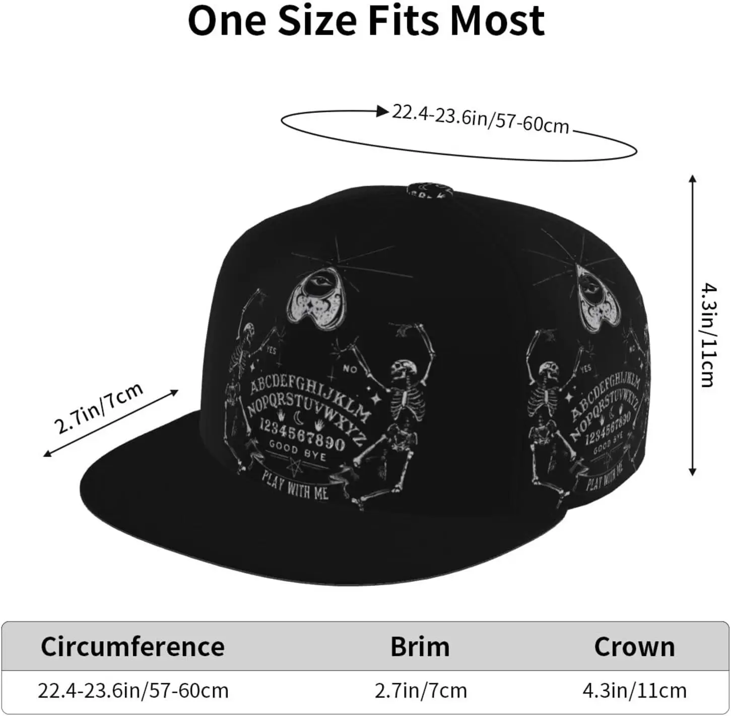 Vintage Skeleton Magic Ouija Pattern Flat Bill Hat, Unisex Snapback Baseball Cap Hip Hop Style Flat Visor Blank Adjustabl