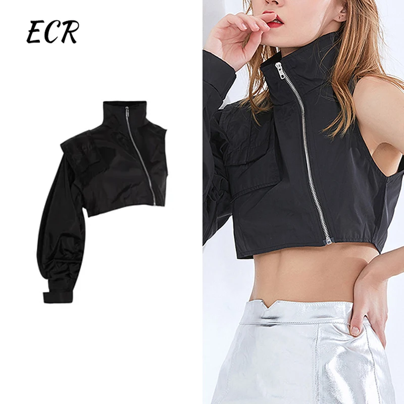 

ECR Asymmetrical Patchwork Zipper Solid Jackets For Women Stand Collar Long Sleeve Spliced Folds Slimming Short Coat Female New