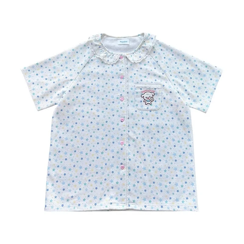 Japanese Women's Short Sleeve Top Summer Animal Print Embroidered Shorts Waffle Cute Sweet Comfortable Home Pajama Suit Ladies