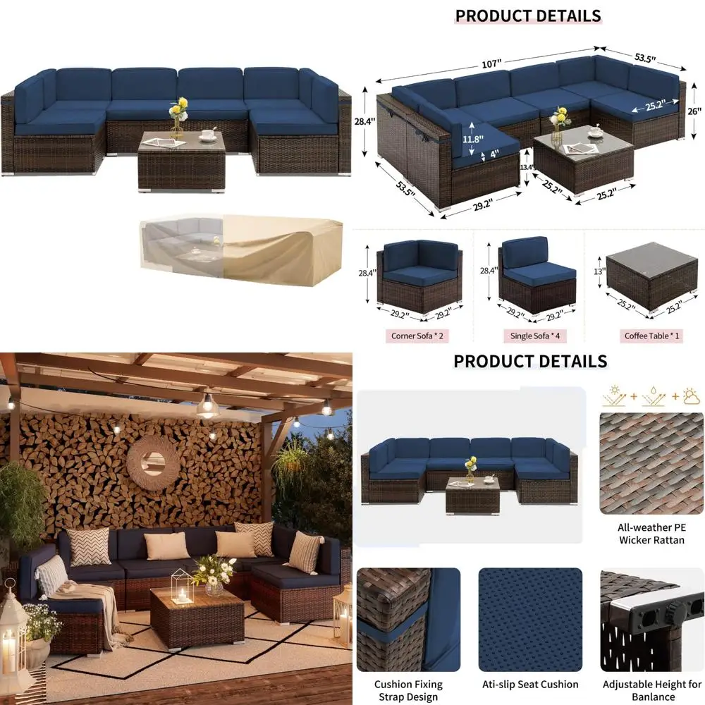 7-Piece Outdoor Sectional Couch Set with PE Rattan Sofa and Wicker Conversation Area, Including Cover