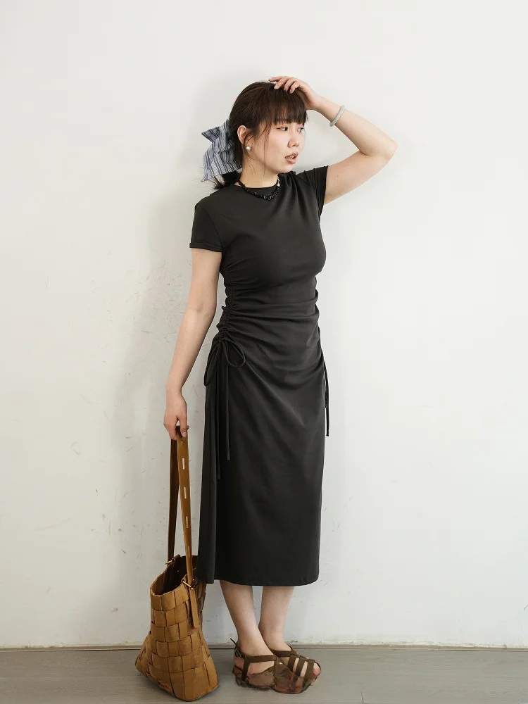 

Chic Dstring Waist ort Sve Pleated Dr Ele Slimming High Waist Cotton Commute Sle A-Line Summer Dr