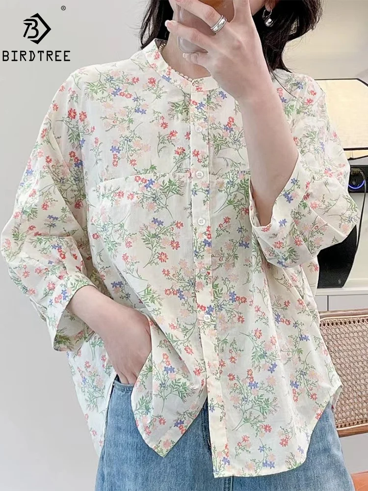 New Spring Cotton Sweet Shirts Women 3/4 Sleeve Floral Printed Tops Girl Casual Loose Elegant Blouses 2024 Summer T44391QM