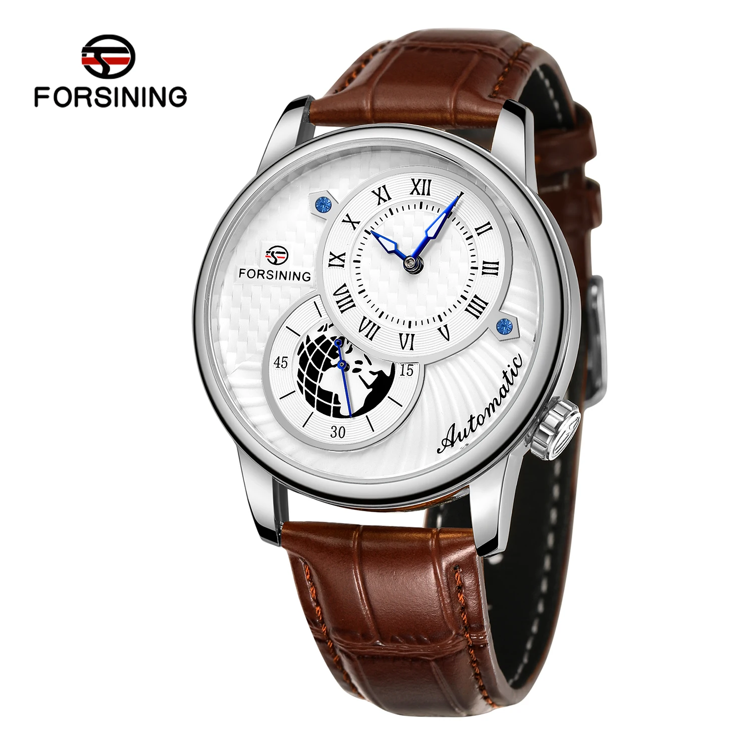 

Мужские часы Forsining Fashion, автоматические механические, с двумя циферблатами, водонепроницаемые до 30 м, с дизайном в виде изображения Земли, кожаный ремешок, часы Relogio.