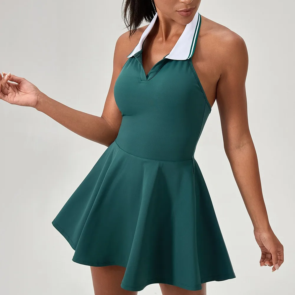 Women's Outdoor Sports Tennis Dress Sleeveless Hanging Neck Gym Dress Casual Yoga Dress Sexy Sports One Piece Dres
