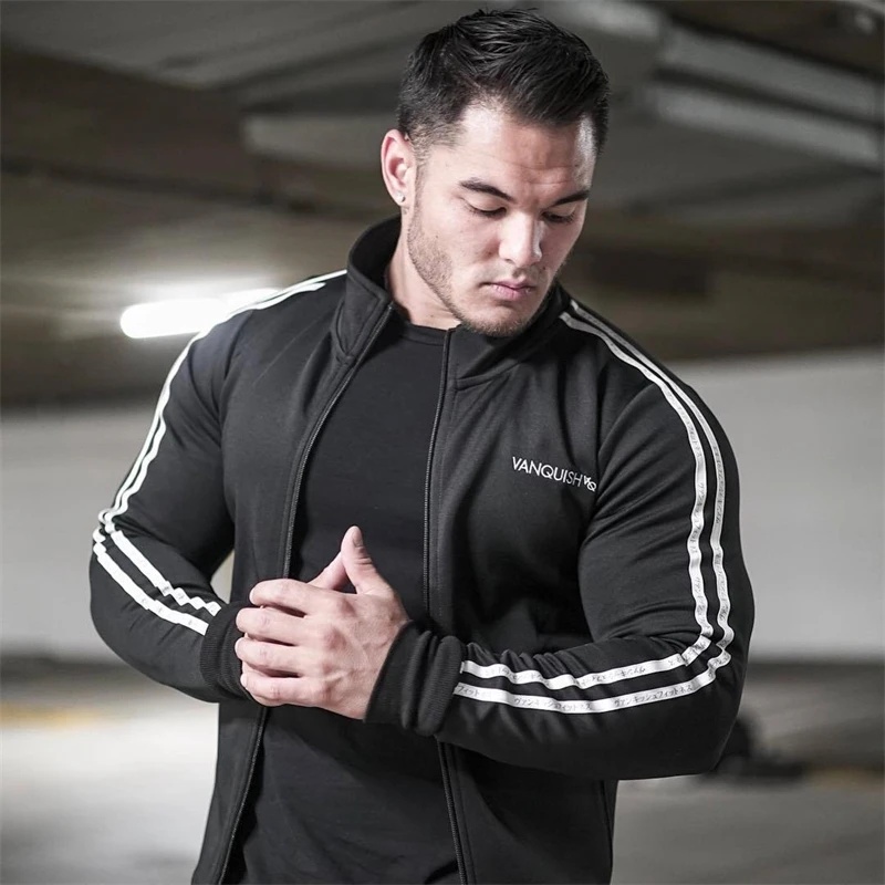 Men's Jacket Spring Autumn New Sports Fitness Coat Cotton Printed Panel Sportswear Joggers Bodybuilding Workout Clothes