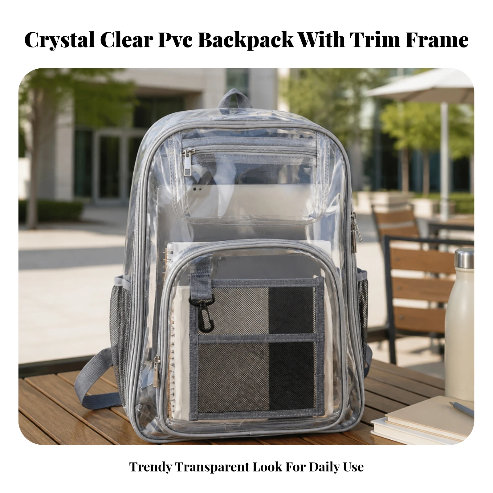 Transparent PVC Backpack Adjustable Straps Laptop Backpack with Mesh Side Pockets Clear Bookbag Sturdy Zippers Bag Lightweight