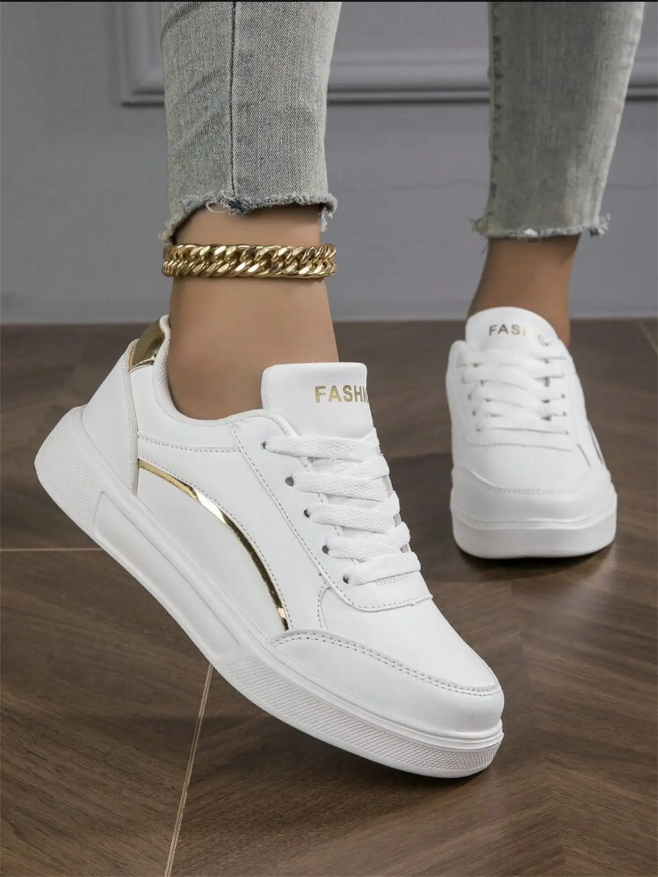 

Ladies Classic Low Top Sneakers Gold Accent Casual Platform Shoes Multiple Colors Available