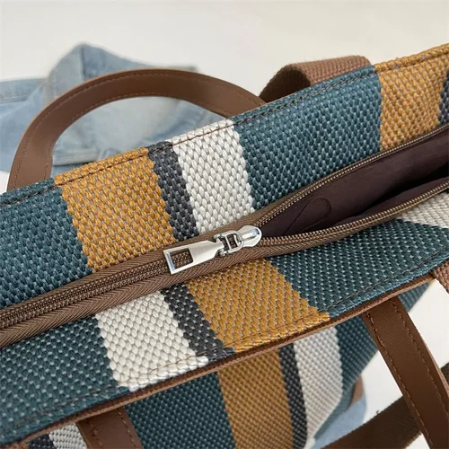 Imagen 2 del producto bolsos de mujer bolsos para mujer Bolsos tipo cubo de hombro a rayas para mujer, bolsos de compras de gran capacidad de tela de lona, bolsos de compras para ir al trabajo de Color contrastante 2024