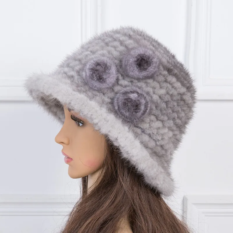قبعة فيدورا من فرو المنك للسيدات مع لهجة زهرة المنك، قبعة شتوية دافئة وعصرية من الفرو المحبوك #2