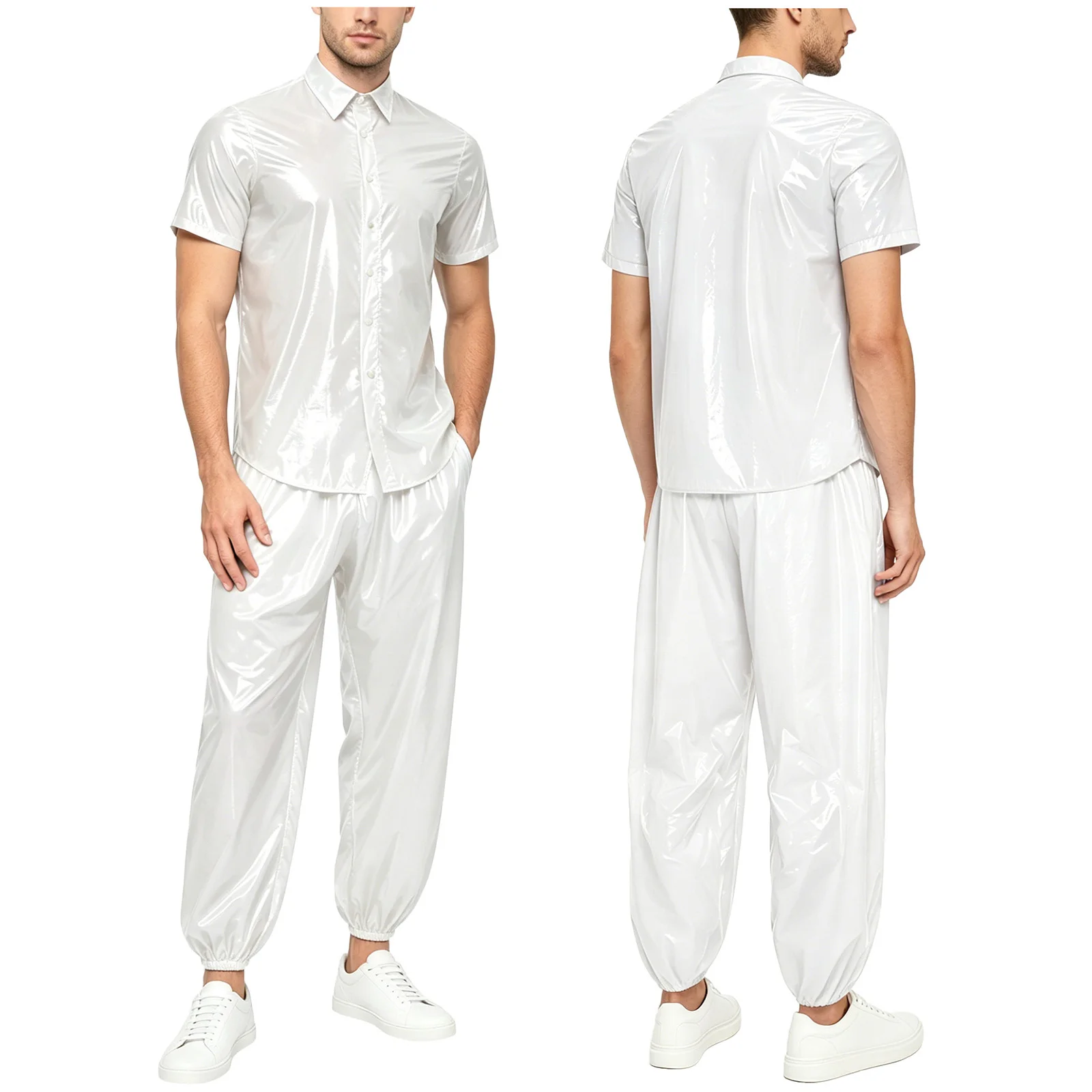 Men Glossy Waterproof Shirt Short Sleeve Tops Drawstring Pants Raincoat Clubwear Camping Fishing Hiking Cycling Clothes Clubwear