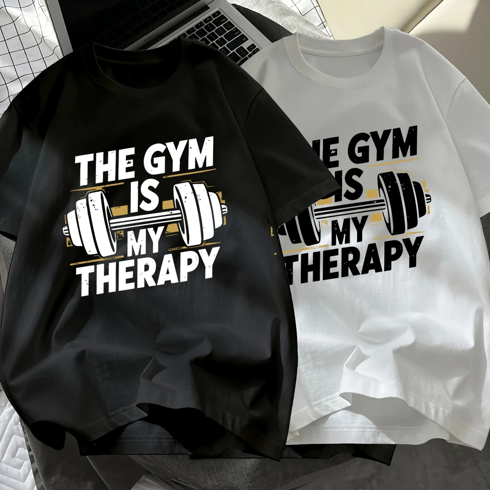 

Gym Is My Therapy Prints Cotton T-Shirts Mens Summer Short Sleeve Black White Set Tees Soft Oversized O-Neck Tops Basic Clothes