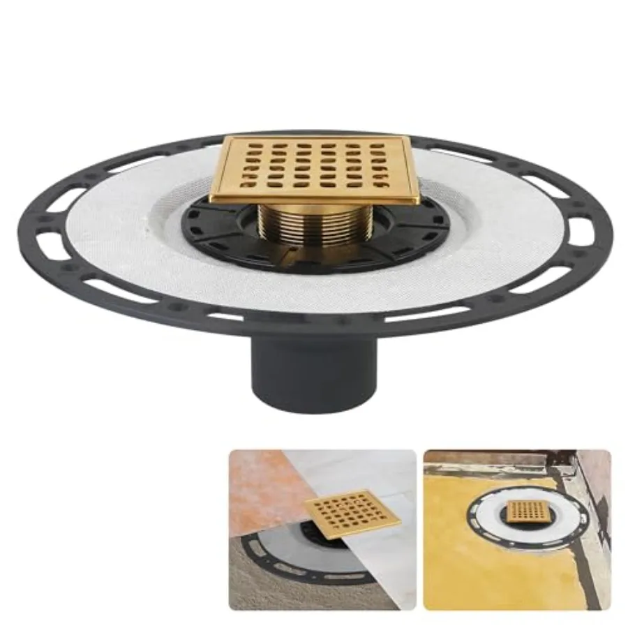 

Квадратный душевой трап 4-в-1, золотой, с фланцем BondinFlange, съемной решеткой из нержавеющей стали, ключом для слива и сеткой для волос, подходит для труб 2 и 3 дюйма