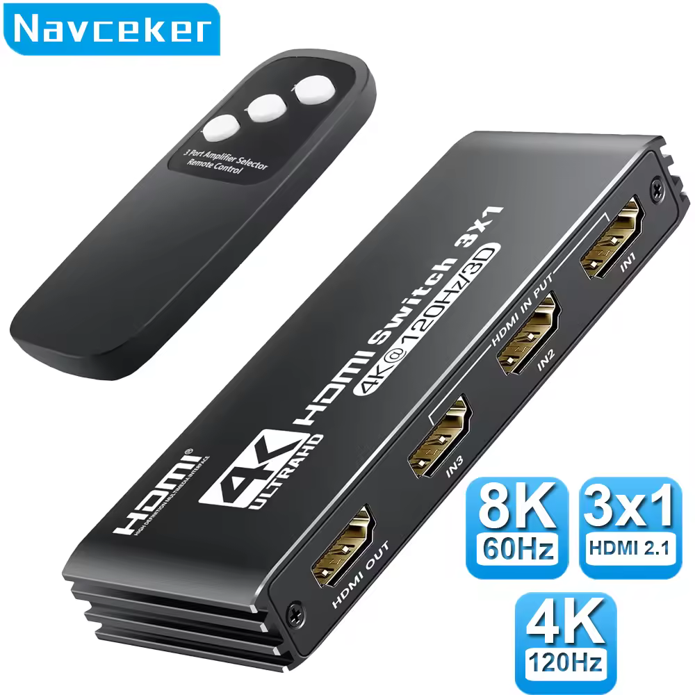 Navceker HDMI 2.1 Switcher 8K 60Hz 4K120Hz HDMI-compatible Switch 3 in 1 Out with Remote Control Converter For Xbox PS5 Monitors