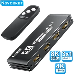 Navceker HDMI 2.1 Switcher 8K 60Hz 4K120Hz HDMI uyumlu Switch 3 in 1 Out Xbox PS5 monitörler için uzaktan kumanda dönüştürücü ile