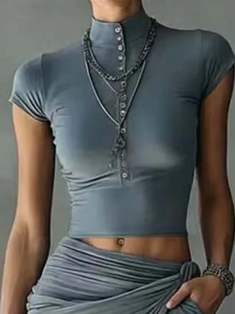2026 Sexy High Neck Short Sleeve Crop Top Ruched Sheer Maxi Skirt Elegant Gray Party Outfit Women Slimming Half Skirt Set