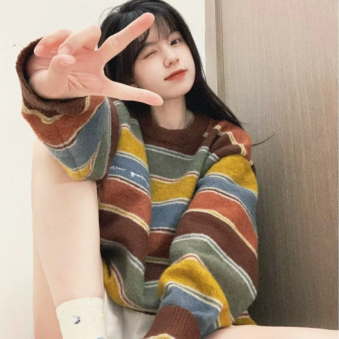 레트로 아메리칸 레이지 스트라이프 컬러 블록 라운드 넥 니트 스웨터 여성용 패셔너블 루즈핏 롱 스웨터