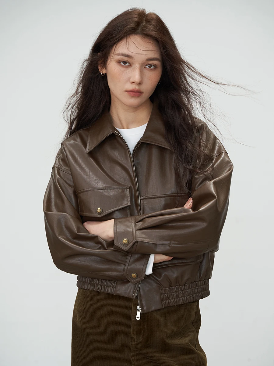 맨디엘림 브라운 가죽 재킷 여성용 봄 가을 오트 슬레 턴다운 칼라 마레다 스몰 사이즈 청소년 루즈핏 지퍼