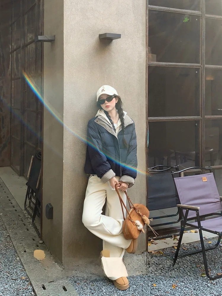 

Faionable Plaid Splicing Cotton Jaet Women's Design Sense Autumn Winter Blue Outerwear Loose Fit Regular Sve Long Zipper