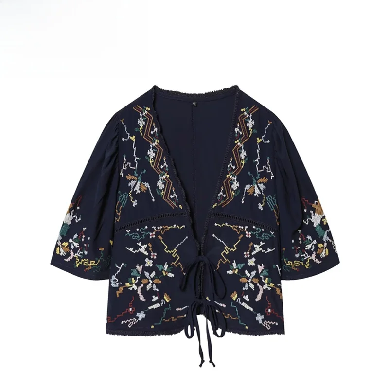 

Elegant Style Women's Short Shirt Floral Embroidery Fashion RS New Arrival Breathable Polyester V-Neck Loose Fit Spring 2026