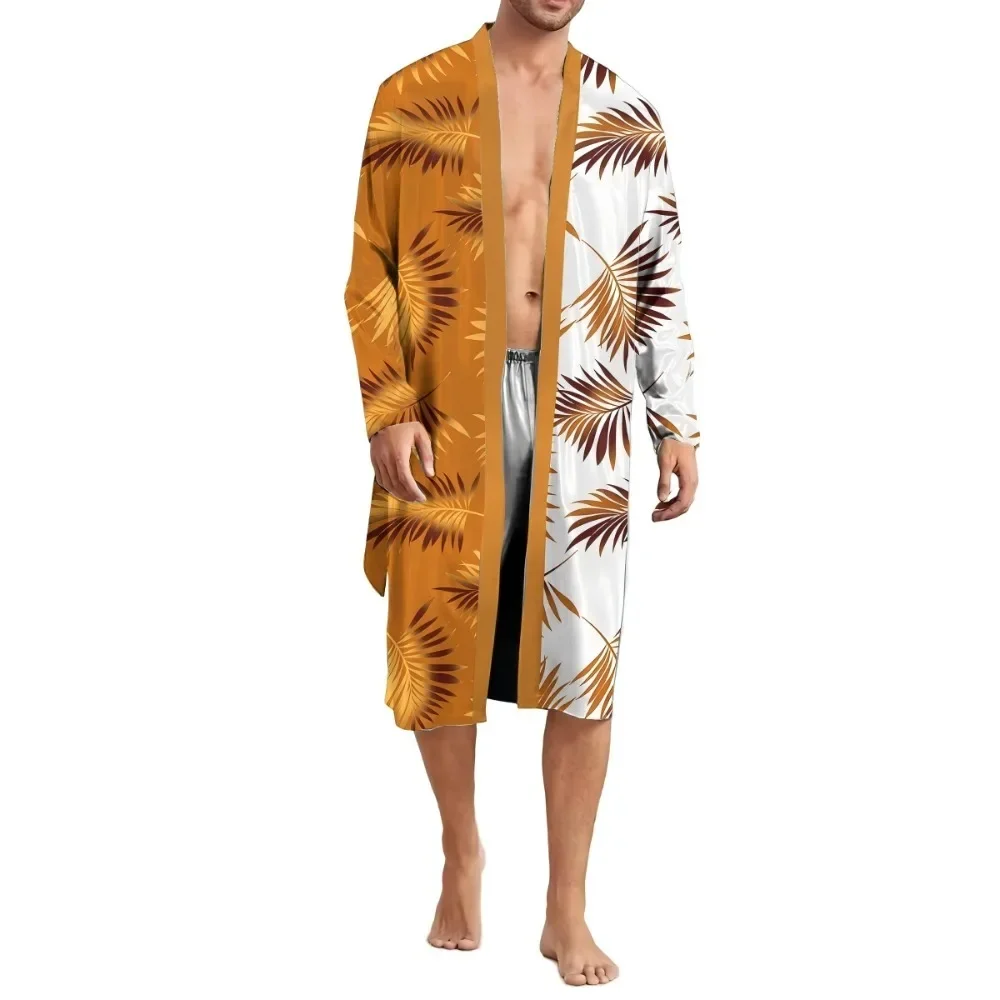 

Men's 3D contrasting leaf prints light long-sleeved bathrobe adjustable belt loose all season universal home clothing Nightgown