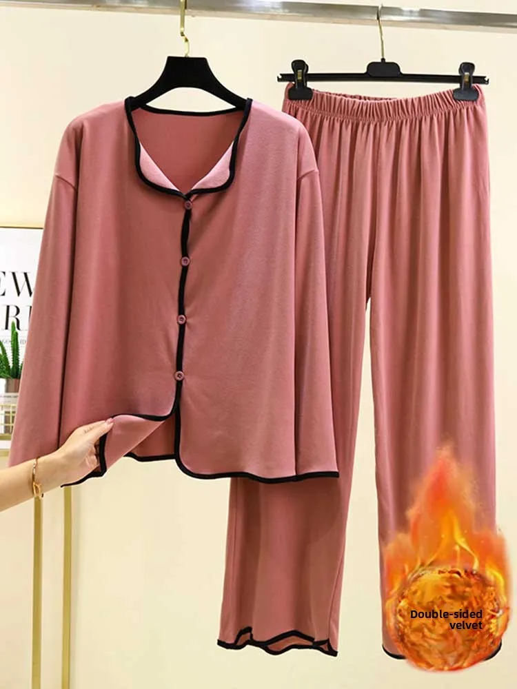 

Winter Large Size Velvet Home Clothes Loose Lapel Fleece Lined Button up Warm Two Piece Set Sleepwear Pants And Coat Set