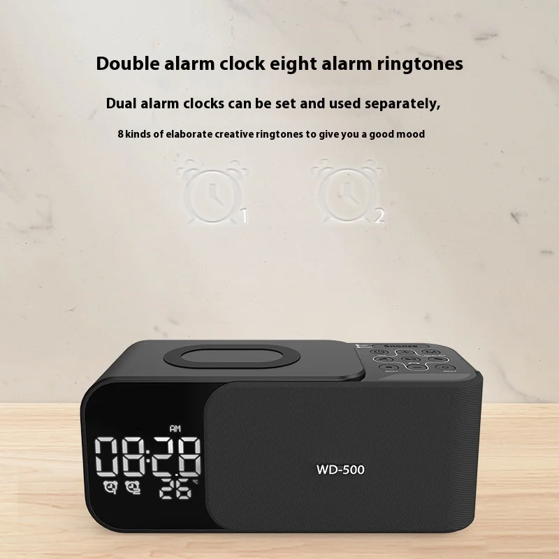 Dual Alarm Clock Home Speaker with Night Light Wireless Charging for Bluetooth Subwoofer & Radio Card Slot 10W Output Power
