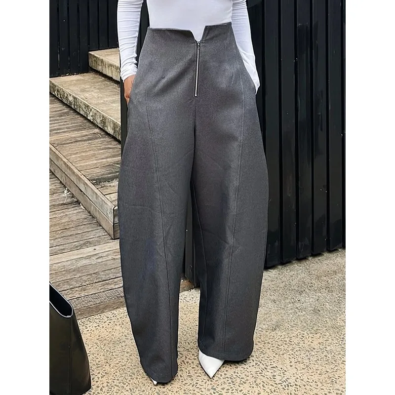 

PU Grey Front Zipper Pants for Women 2026 Leisure Business Pockets High Waist Trendy Baggy Trousers Woman Outfit 190568