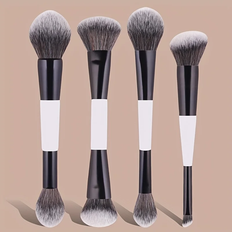 Juego de 4 brochas de maquillaje de doble punta de alta calidad, brocha para colorete, brocha para iluminador, herramientas de maquillaje, cerdas suaves y esponjosas, fáciles de usar.