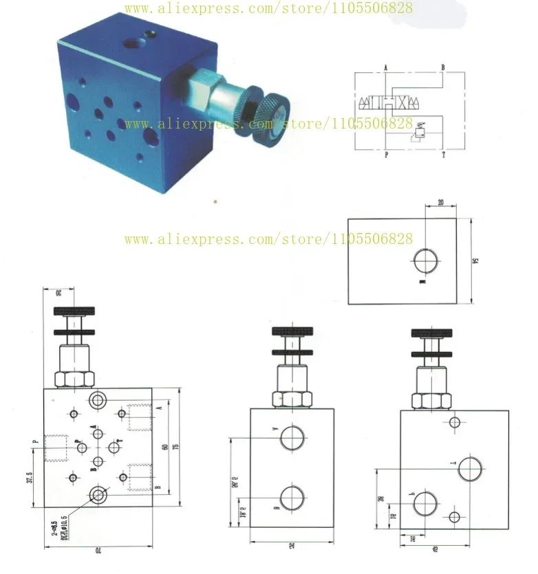 Hydraulic valve block, solenoid valve, excessive oil circuit plate, 6-way diameter, 02-1W overflow block, manually adjustable