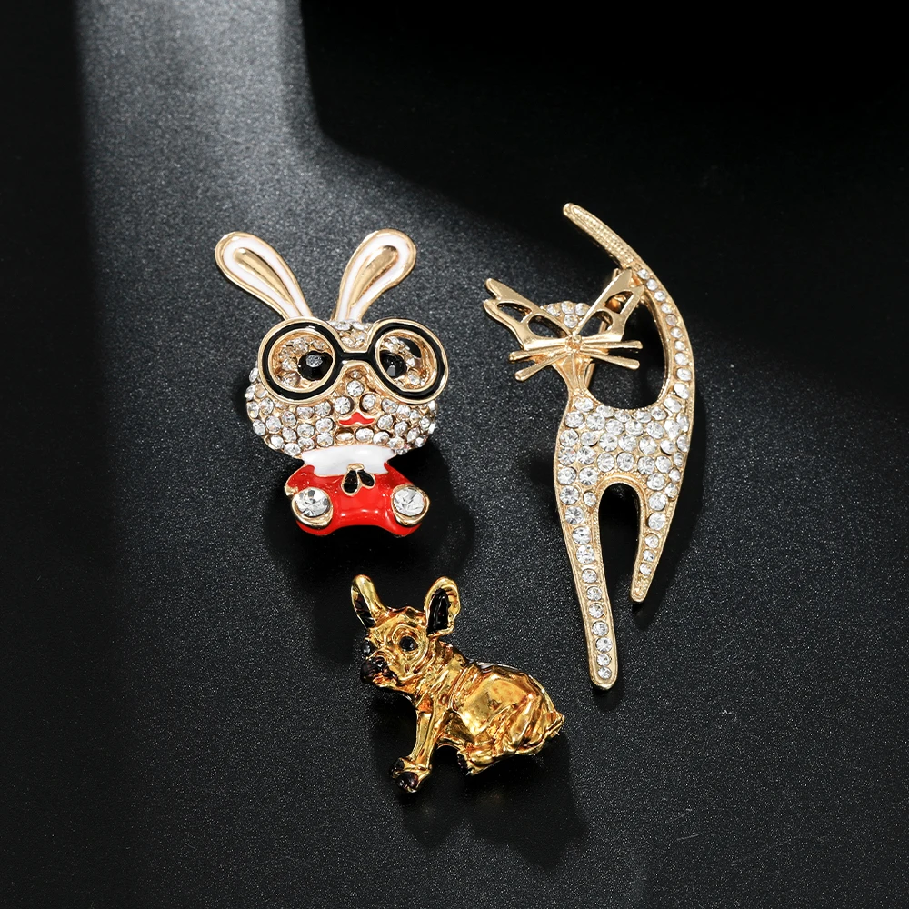 Dazzling Glasses Rabbit Bunny Design Crystal Lapel Pins Women Girls Full Rhinestone Paved Cat And Bulldog Shaped Golen Brooches