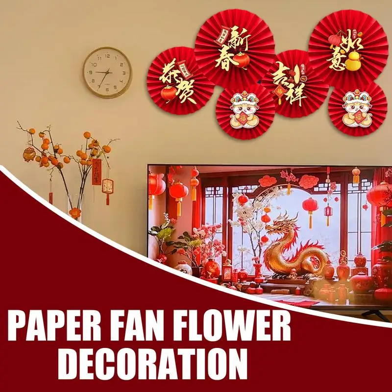 6PCS Chinese New Years Paper Fans Lunar New Year Decorations 2025 Chinese New Year Ornaments For Wall Door