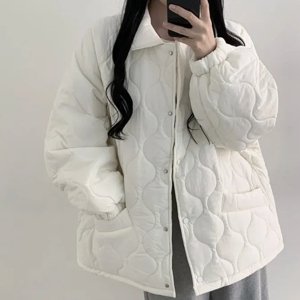 

Ladies' Chic Winter Cotton Jaet eepskin Lined Loose Fit Slimming Diamond Patterned Inner Coat Long Sve Color