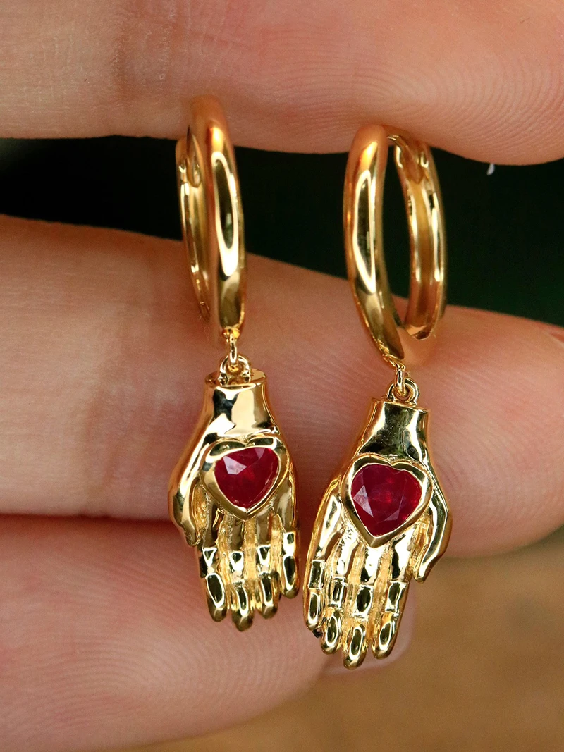 KUGG серьги из 100% желтого золота 18 карат, модные серьги-кольца в стиле INS из настоящего натурального рубина для женщин, подарок на день рождения, ювелирные изделия для вечеринок