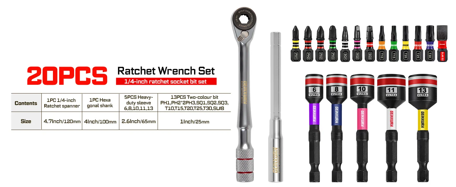 Geinxurn 1/4-Zoll-Ratschenschlüssel-Set, mit 2,56' Hochleistungs-Steckschlüssel, 1' Magnetischem S2-Stahl-Bit-Set mit farbcodierter Basis für Heimwerker. – Detail 2