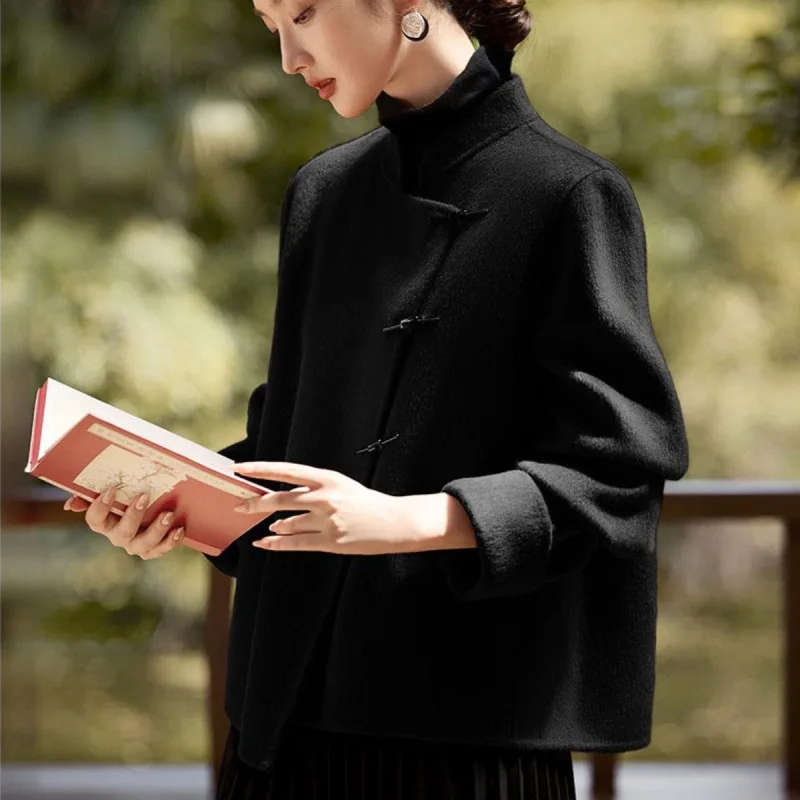 Novo chinês sle ort casaco de lã feminino 2024 outono novo simples faion versátil tamanho pequeno peludo chapéu superior incluído