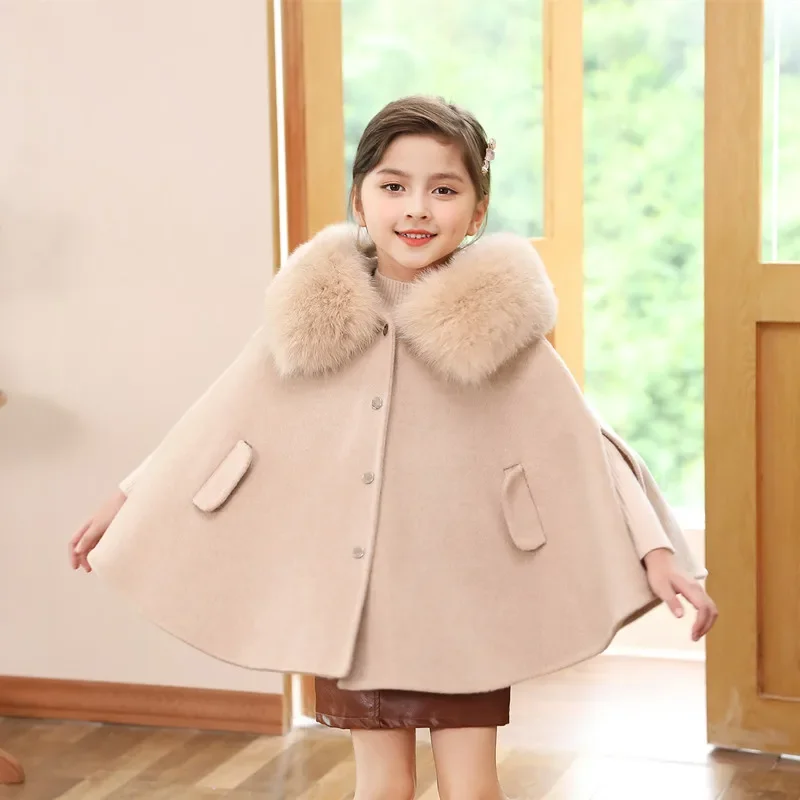 Handmade New All Wool Girl Fox Collar Shawl Double Faced Cashmere Jacket for Middle and Young Girls Coat Winter Coat