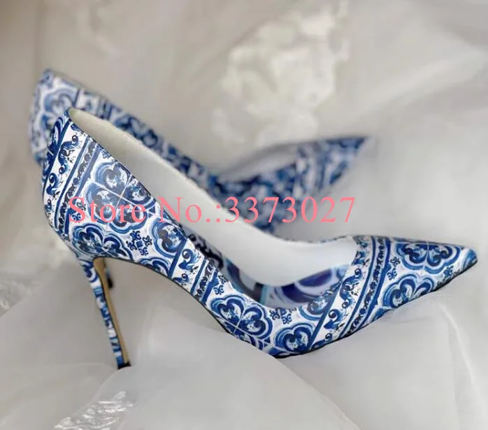 Blue And White Porcelain Woman Shoes New Design Fashion Leather High Heels Lady Pumps Sexy Female Pointed Toe Banquet Shoes