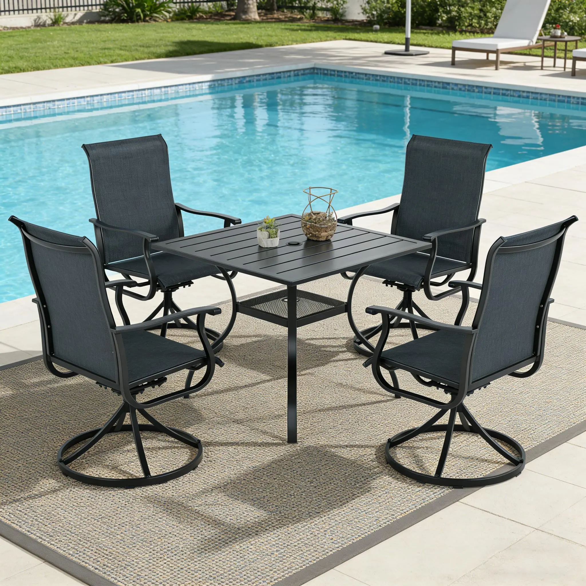5-Piece Outdoor Patio Dining Set, All Weather Square Metal Table & 4 Black Swivel Textilene Mesh Chairs, Weather