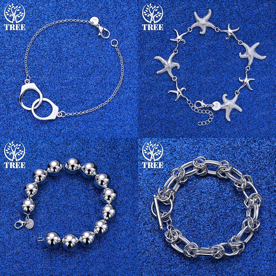 

Fine 925 Sterling Silver Starfish Handcuff Bead Chain Full Circle Link Chain Bracelets Women Birthday Party Jewelry Accessories