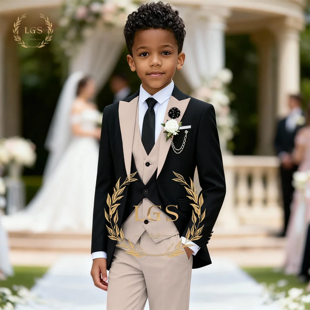 Boys' 3-Piece Suit, Black & Beige Color-Blocking, Custom Sizes & Colors Available, For Weddings & Formal Occasions