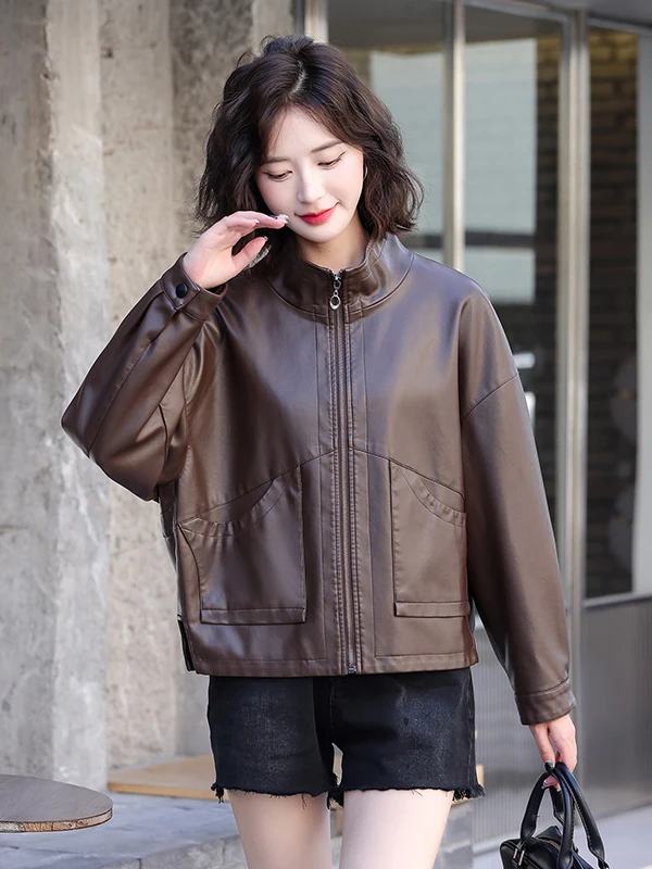 Real Leather Jaet Women's ort Loose Fit Bla eepskin Coat Korean Sle Commute Wind ket Design Long Sve Zipper