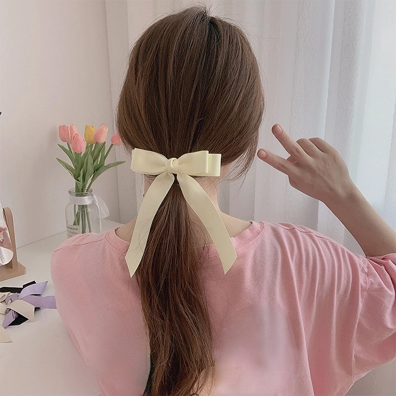 Fashion Minimalist Cute Bow Hairpin For Women Girls Versatile Solid Color Ribbon Bow Hair Clips Headwear Hair Accessories 15cm