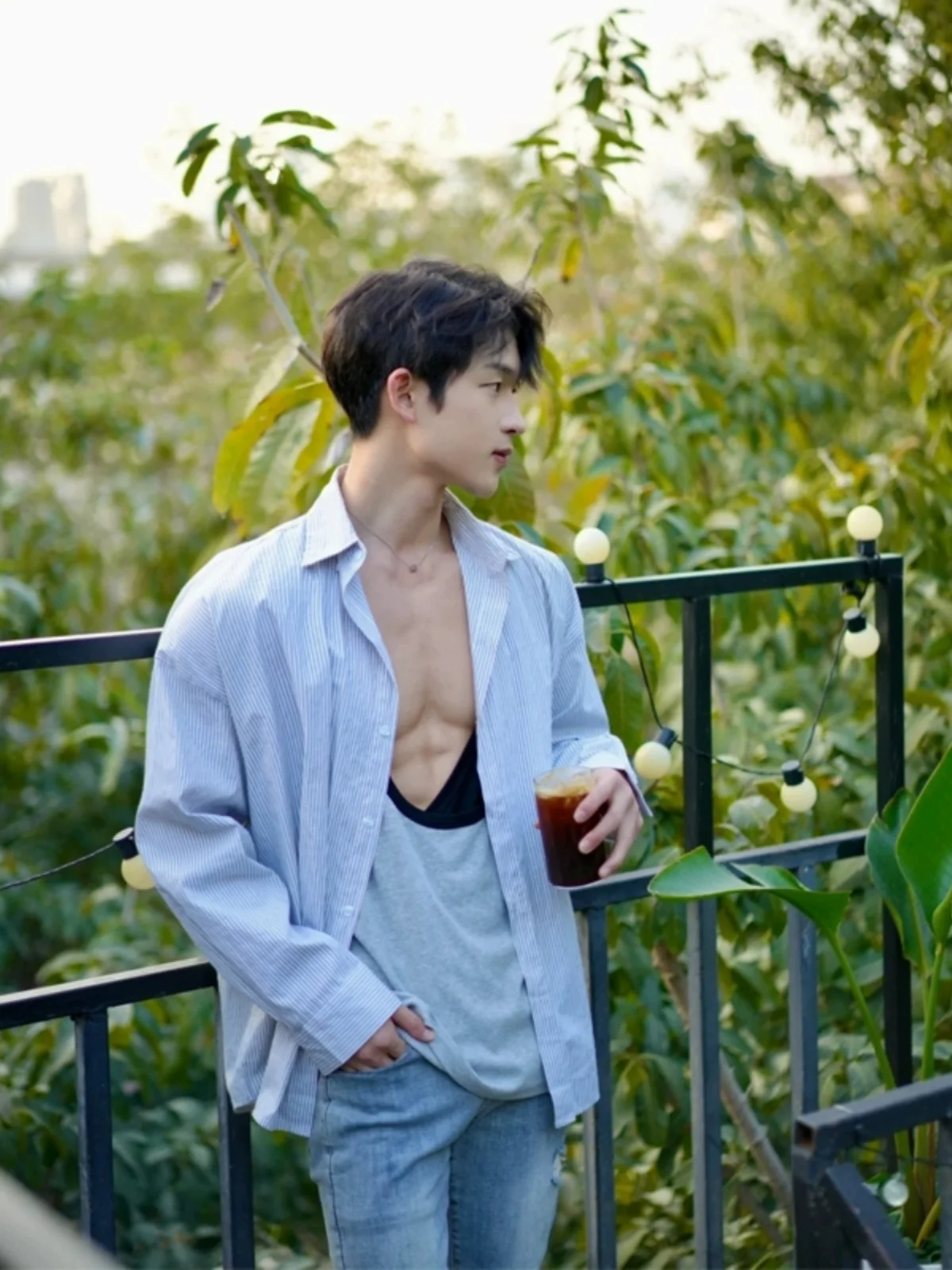 

Blue Striped Men's Long Sve irt Spring Autumn American Sle Trendy Brand Matures Sensation High End Cleanfit Casual Wear