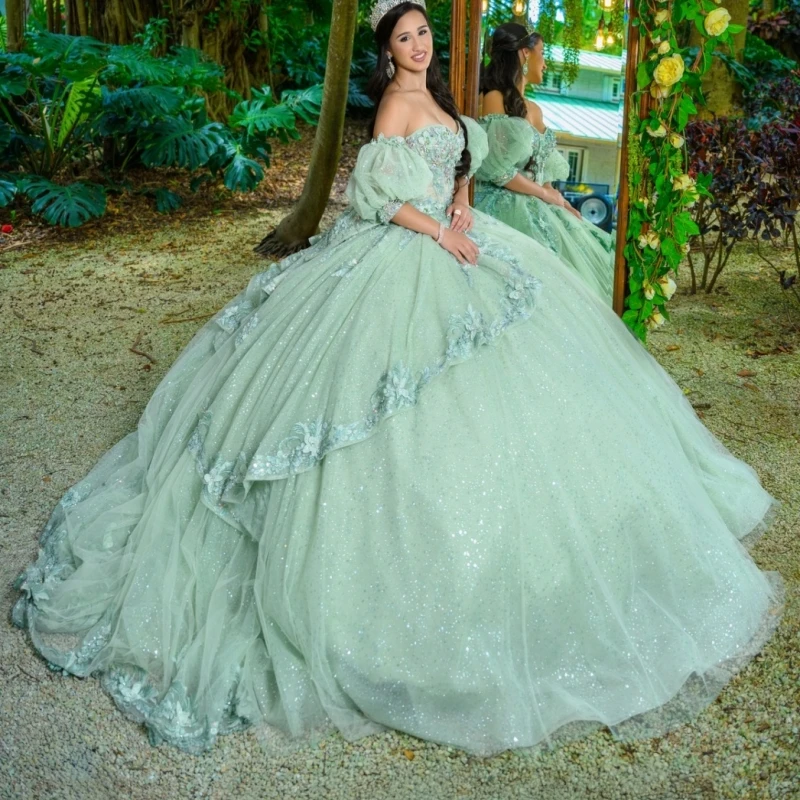 

Мятно-зеленые блестящие платья Quinceanera с открытыми плечами и аппликацией из кружева и бусин с бантом, тюлевое бальное платье Vestidos De 15 Anos Sweet 16 Dress