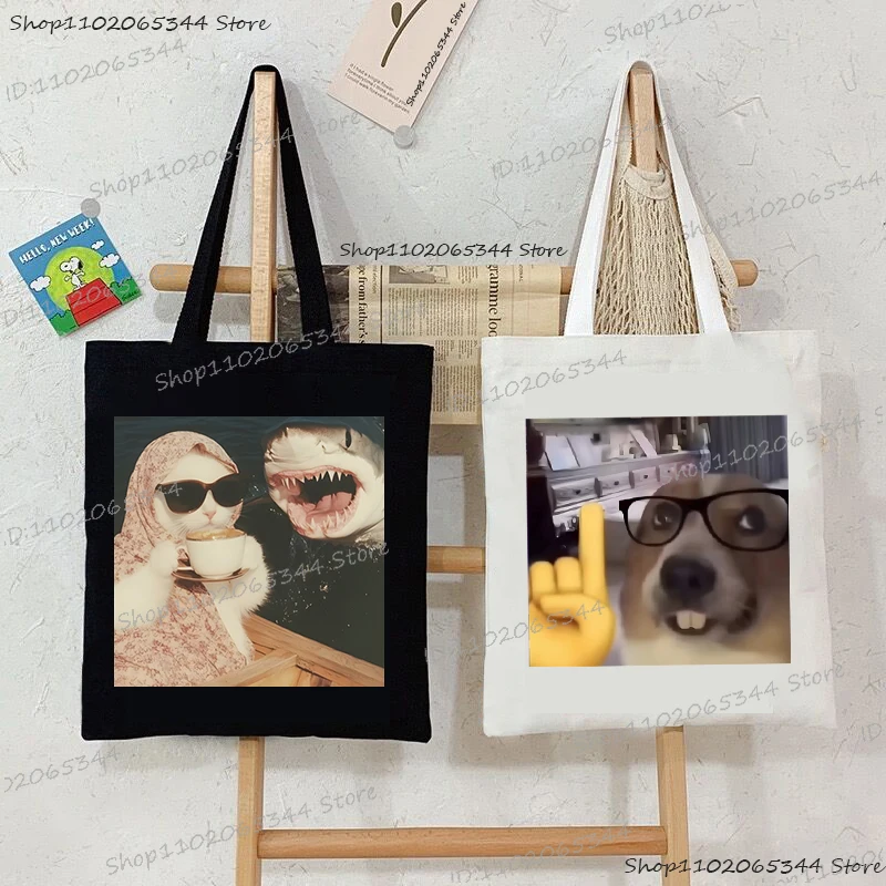 

Funny Humorous Cats Canvas Tote Bag Cartoon Animal Print Large Capacity Travel Storage Shoulder Teen Handbags Women Commuter Bag