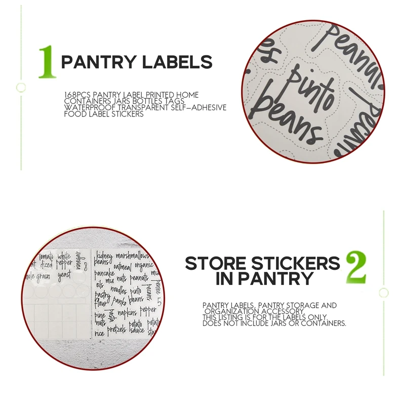 168PCS Pantry Label Printed Home Containers Jars Bottles Tags Waterproof Transparent Self-Adhesive Food Label Stickers